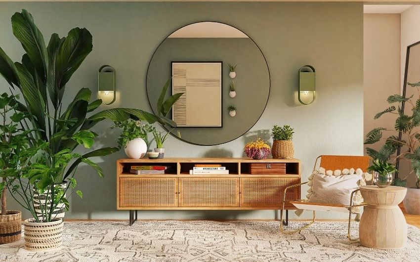 a room with a mirror and a cabinet